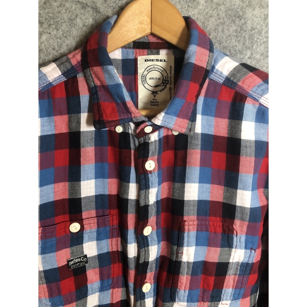 Diesel Shirt Mens XL Red Blue Check Flannel Button Down Long Sleeve Classic